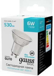 Лампа светодиодная Gauss Basic 6Вт цок.:GU10 софит св.свеч.бел.нейт. (10106262)