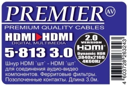 Кабель соединительный аудио-видео Premier 5-813 HDMI (m)/HDMI (m) 3м. феррит.кольца черный (5-813 3.0)