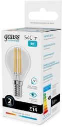 Лампа филам. Gauss Filament 8Вт цок.:E14 шар 220B св.свеч.бел.нейт. (упак.:10шт) (52128)