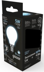 Лампа светодиодная Gauss Filament 5Вт цок.:E14 шар 220B 4100K св.свеч.бел.нейт. (упак.:1шт) (105201205)