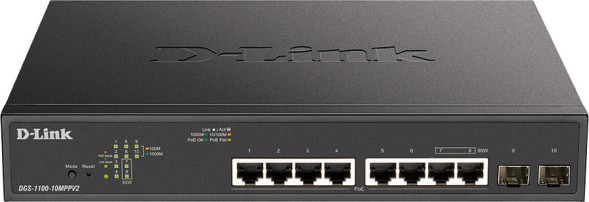 Коммутатор D-Link DGS-1100-10MPPV2/A (L2) 8x1Гбит/с 2SFP 8PoE+ 242W настраиваемый