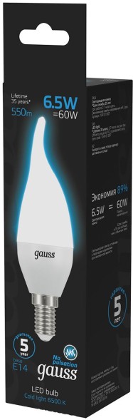 Лампа светодиодная Gauss 104101307 6.5Вт цок.:E14 свеча 220B 6500K св.свеч.бел.хол. (упак.:10шт)