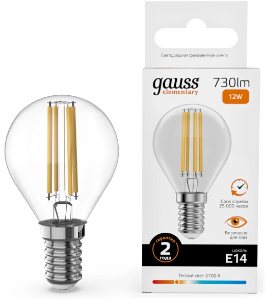 Лампа филам. Gauss Filament 12Вт цок.:E14 шар 220B св.свеч.бел.теп. (упак.:10шт) (52112)