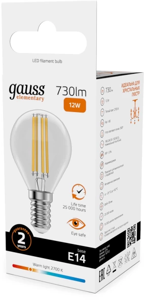 Лампа филам. Gauss Filament 12Вт цок.:E14 шар 220B св.свеч.бел.теп. (упак.:10шт) (52112)
