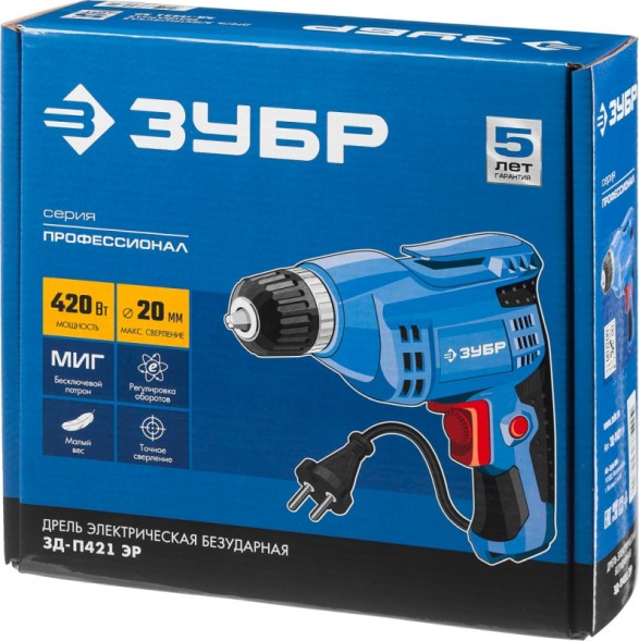 Дрель безударная Зубр ЗД-П421 ЭР 420Вт патрон:быстрозажимной реверс