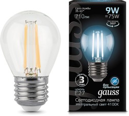 Лампа филам. Gauss 9Вт цок.:E27 шар 220B 4100K св.свеч.бел.нейт. G45 (упак.:10шт) (105802209)