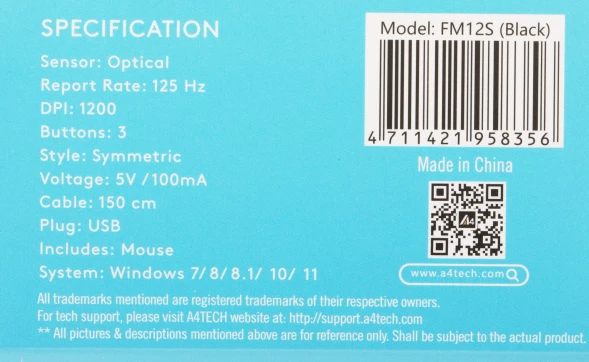 Мышь A4Tech Fstyler FM12S черный оптическая (1200dpi) silent USB (3but)