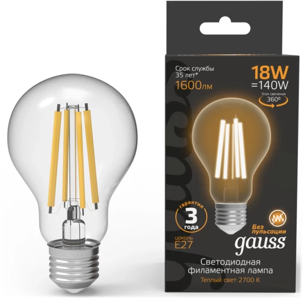Лампа филам. Gauss Filament 18Вт цок.:E27 груша 220B св.свеч.бел.теп. (упак.:10шт) (102902118)