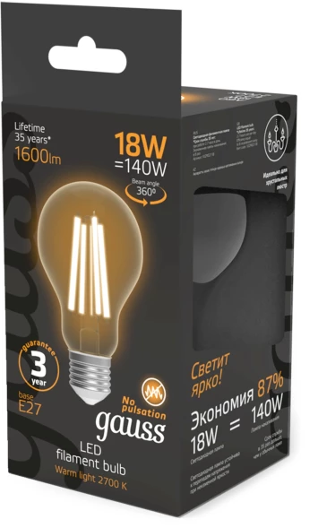 Лампа филам. Gauss Filament 18Вт цок.:E27 груша 220B св.свеч.бел.теп. (упак.:10шт) (102902118)