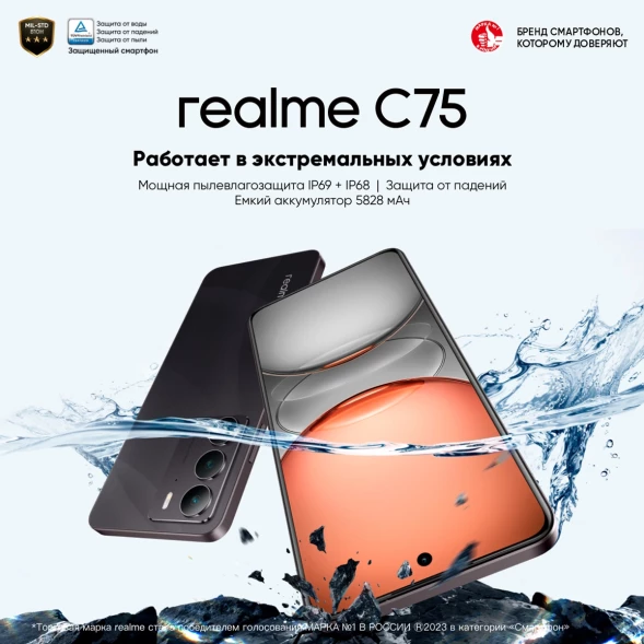 Смартфон Realme RMX3941 C75 128Gb 8Gb черный моноблок 3G 4G 2Sim 6.72&amp;quot; 1080x2400 Android 14 50Mpix 802.11 a/b/g/n/ac NFC GPS GSM900/1800 GSM1900 A-GPS microSD max2048Gb