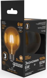 Лампа светодиодная Gauss Filament G95 6Вт цок.:E27 шар 220B 2400K св.свеч.бел.теп. (упак.:1шт) (105802006)