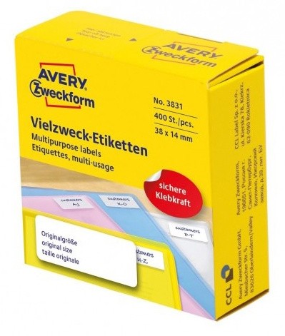 Этикетки Avery Zweckform 3831 38x14мм 400шт на листе/70г/м2/белый самоклей. универсальная