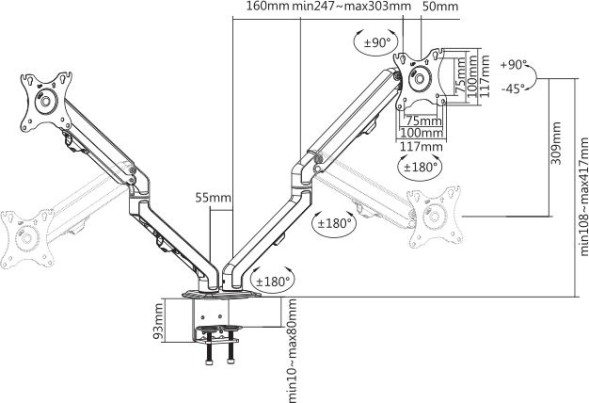 Кронштейн для мониторов Ultramounts UM729 черный 17&amp;quot;-27&amp;quot; макс.7кг крепление к столешнице поворот и наклон