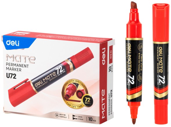 Маркер перманентный Deli EU72-RD двойной пиш. наконечник 1-5мм красный