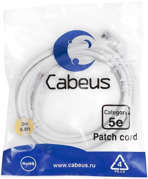 Патч-корд Cabeus PC-UTP-RJ45-CAT.5E-3M-WH U/UTP RJ-45 вил.-вилка RJ-45 кат.5E 3м белый ПВХ