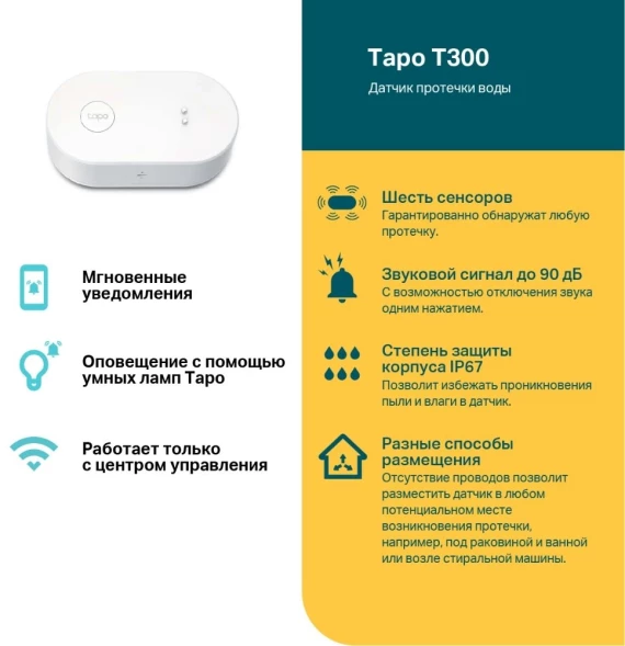 Датчик протечки TP-Link Tapo T300 белый