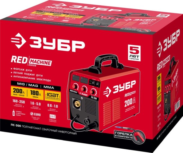 Сварочный полуавтомат Зубр ПС-200 инвертор MIG-MAG/ММА DC 6.4кВт