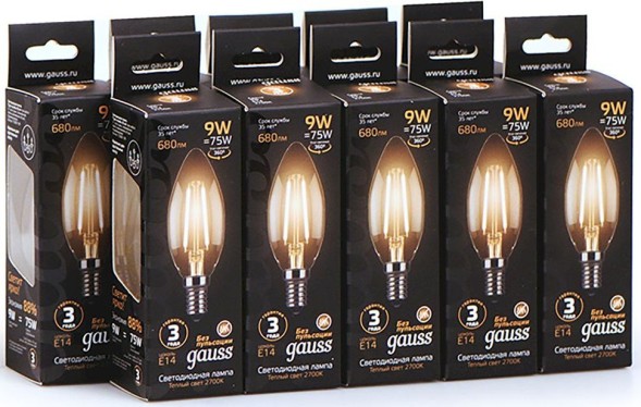 Лампа филам. Gauss 9Вт цок.:E14 свеча 220B 2700K св.свеч.бел.теп. C37 (упак.:10шт) (103801109)