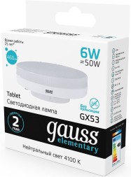 Лампа светодиодная Gauss Elementary GX53 6Вт цок.:GX53 таблетка 220B 4100K св.свеч.бел.нейт. (упак.:10шт) (83826)
