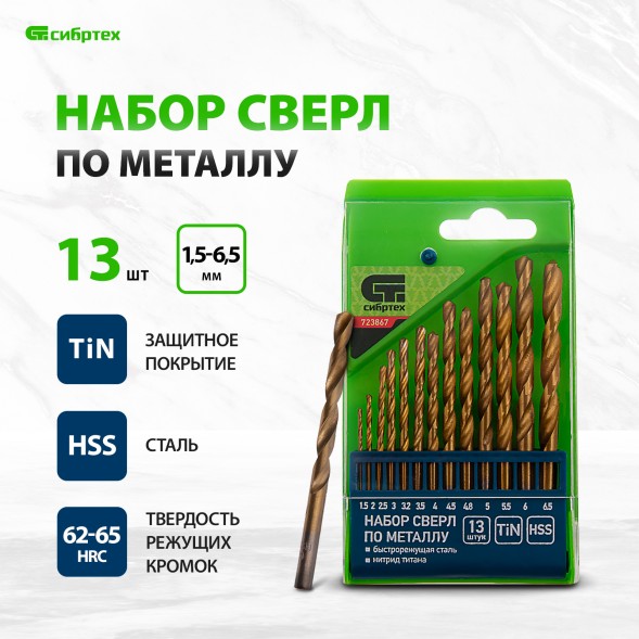 Набор сверл Сибртех 723867 по металлу (13пред.) для дрелей/перфораторов
