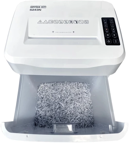 Шредер Office Kit S243N 3,9х38 белый (секр.P-4) фрагменты 35лист. 35лтр. скрепки скобы пл.карты CD