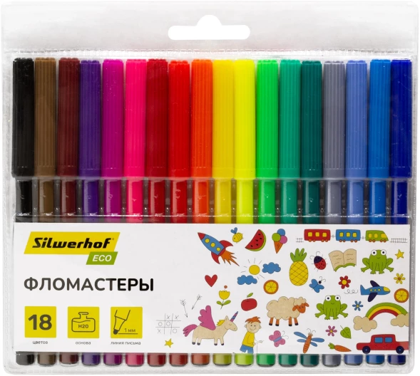 Фломастеры Silwerhof Eco 7.2мм 125мм круг. Вентилируемый 18цв. пакет с европодвесом