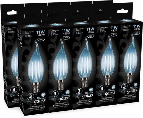 Лампа филам. Gauss Filament 11Вт цок.:E14 свеча 220B св.свеч.бел.нейт. CF35 (упак.:10шт) (104801211)
