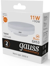 Лампа светодиодная Gauss Elementary GX53 11Вт цок.:GX53 таблетка 220B 3000K св.свеч.бел.теп. Tablet (упак.:1шт) (83811)