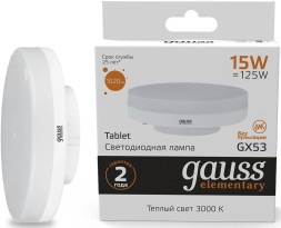 Лампа светодиодная Gauss Elementary GX53 15Вт цок.:GX53 таблетка 220B 3000K св.свеч.бел.теп. (упак.:1шт) (83815)