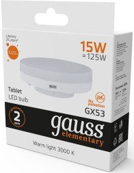 Лампа светодиодная Gauss Elementary GX53 15Вт цок.:GX53 таблетка 220B 3000K св.свеч.бел.теп. (упак.:1шт) (83815)