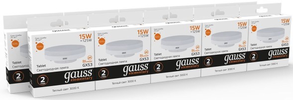 Лампа светодиодная Gauss Elementary GX53 15Вт цок.:GX53 таблетка 220B 3000K св.свеч.бел.теп. (упак.:1шт) (83815)