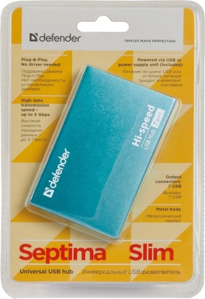 Разветвитель USB 2.0 Defender Septima Slim 7порт. синий (83505)