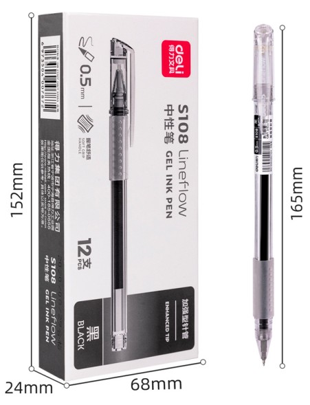 Ручка гелев. Deli S108 d=0.5мм черн. черн. (1шт) резин. манжета