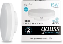 Лампа светодиодная Gauss Elementary GX53 15Вт цок.:GX53 таблетка 220B 4100K св.свеч.бел.нейт. (упак.:10шт) (83825)