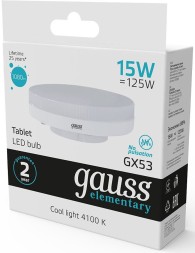 Лампа светодиодная Gauss Elementary GX53 15Вт цок.:GX53 таблетка 220B 4100K св.свеч.бел.нейт. (упак.:10шт) (83825)