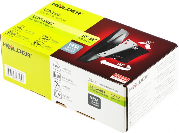 Кронштейн для телевизора Holder LCDS-5062 черный глянец 19&amp;quot;-32&amp;quot; макс.30кг настенный поворот и наклон