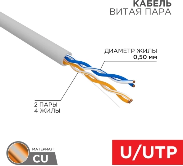 Кабель информационный Rexant 01-0023-R кат.5E U/UTP 2 пары 24AWG PVC внутренний 305м серый