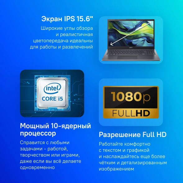 Ноутбук Acer Aspire 15 A15-51M-59MC Core 5 120U 16Gb SSD1Tb Intel Graphics 15.6&amp;quot; IPS FHD (1920x1080) без ОС metall WiFi BT Cam (NX.KXSCD.005)