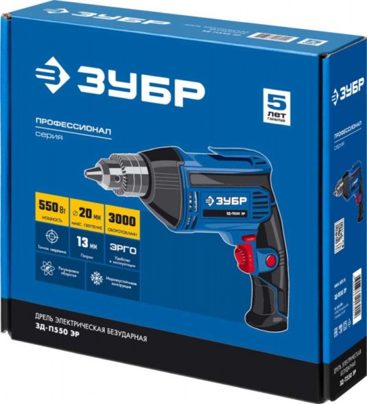 Дрель безударная Зубр ЗД-П550 ЭР 550Вт ключевой реверс