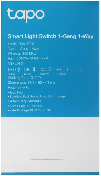 Умный выключатель TP-Link Tapo S210 1-нокл. белый