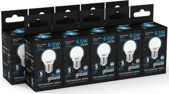 Лампа светодиодная Gauss 105102307 6.5Вт цок.:E27 шар 220B 6500K св.свеч.бел.хол. (упак.:10шт)