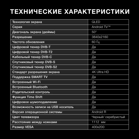 Телевизор QLED Hyundai 50&amp;quot; H-LED50QBU7500 Android TV Frameless черный/серебристый 4K Ultra HD 60Hz DVB-T DVB-T2 DVB-C DVB-S DVB-S2 USB WiFi Smart TV