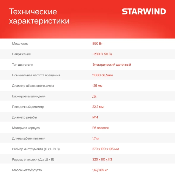 Углошлифовальная машина Starwind AG125-850 850Вт 11000об/мин рез.шпин.:M14 d=125мм