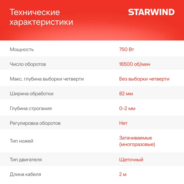 Рубанок Starwind PL82-750S0 750Вт 82мм 16500об/мин
