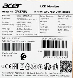 Монитор Acer 27&amp;quot; Nitro XV275UVYMIPRUZX черный IPS LED 1ms 16:9 HDMI M/M матовая HAS Piv 350cd 178гр/178гр 2560x1440 170Hz FreeSync Premium DP WQ USB 6кг