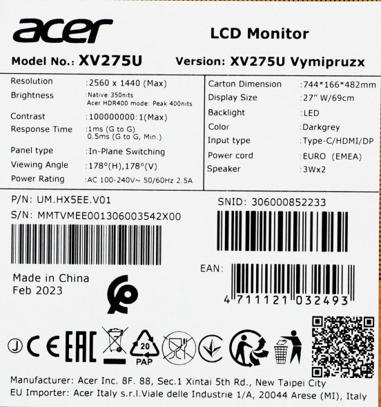 Монитор Acer 27&amp;quot; Nitro XV275UVYMIPRUZX черный IPS LED 1ms 16:9 HDMI M/M матовая HAS Piv 350cd 178гр/178гр 2560x1440 170Hz FreeSync Premium DP WQ USB 6кг