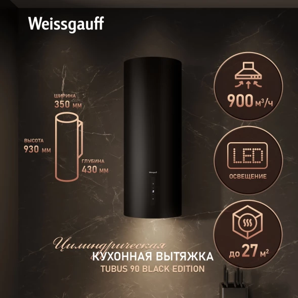 Вытяжка каминная Weissgauff Tubus 90 Black Edition черный управление: кнопочное (1 мотор)