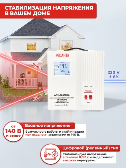 Стабилизатор напряжения Ресанта АСН-10000БА однофазный серый (63/6/40)