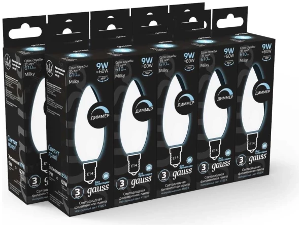 Лампа светодиодная Gauss Filament 103201209-D 9Вт цок.:E14 свеча 220B св.свеч.бел.нейт. (упак.:10шт)