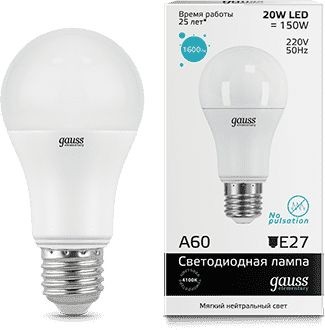 Лампа светодиодная Gauss Elementary A60 20Вт цок.:E27 груша 220B 4100K св.свеч.бел.нейт. A60 (упак.:1шт) (23229)